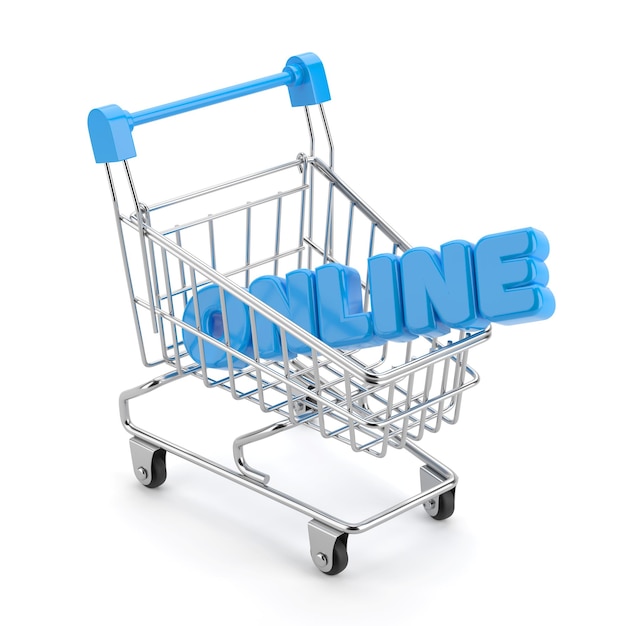 Photo shopping cart and online word isolated on white 3d rendering