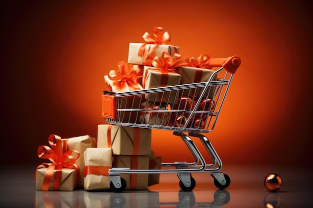 Photo a shopping cart overflowing with gifts sits on top of a table creating a festive holiday shopping scene image of a shopping trolley groaning under the festive wrapped boxes ai generated