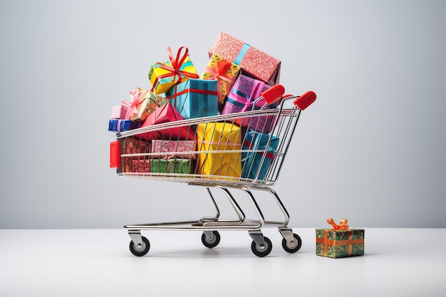 Shopping cart overflowing with wrapped gift boxes with pastel white background