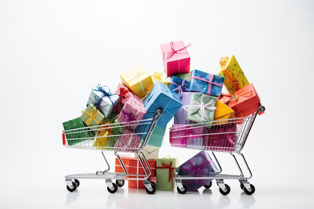 Shopping cart overflowing with wrapped gift boxes with pastel white background