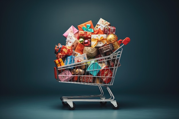 A shopping cart overflows with a delightful assortment of various types of candy ready to satisfy any sweet tooth Gifts snugly encased in wrapping paper packed in a shopping trolley AI Generated