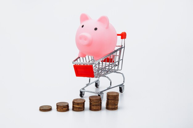 Shopping cart and piggy bank on white.