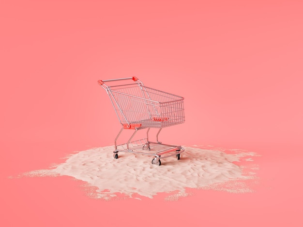 Shopping Cart on Pile of Sand Against Coral Pink Background