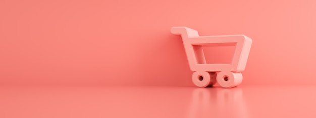 Shopping cart over pink background, panoramic mockup, 3d render