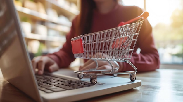 shopping cart placed on top of a laptop computer