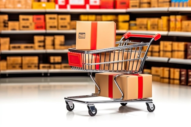 Shopping Cart and Product Package Boxes isolated on white background