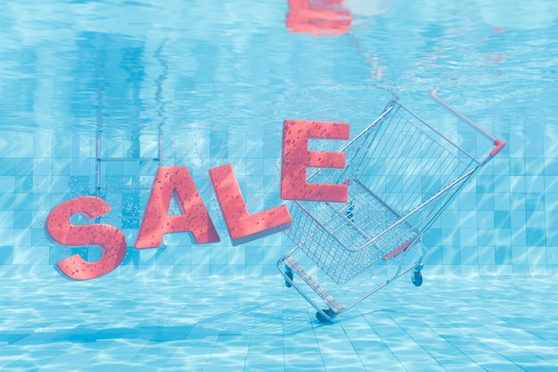 Торговая корзина и табличка с надписью "Продажа" погружены в воду бассейна