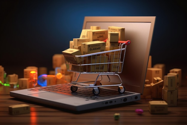 Shopping cart shipping cardboard box laptop as background ecommerce attributes Generative AI