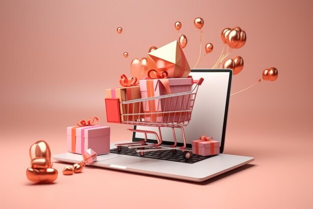 Shopping cart shipping cardboard box laptop as background ecommerce attributes Generative AI