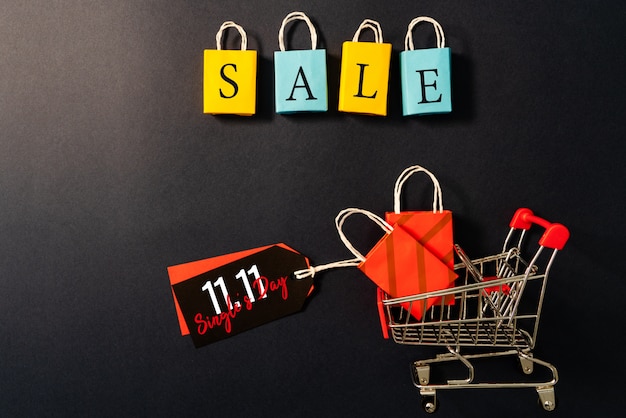 Shopping cart and shopping bag, year-end sale, 11.11 singles day sale concept