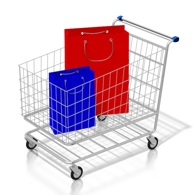 Shopping cart and shopping bags 3D illustration