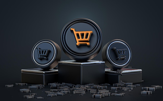 shopping cart sign 3d rendering abstract look dark realistic iconic background with a podium stage