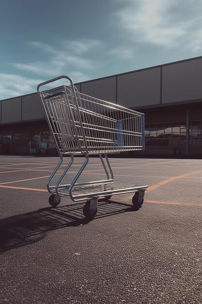 Foto un carrello della spesa si trova in un parcheggio vuoto.