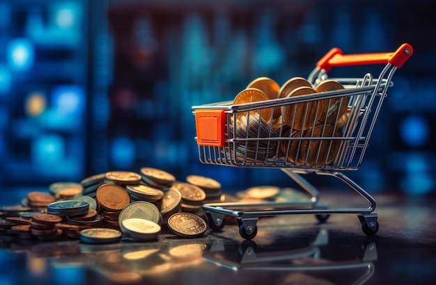 A shopping cart sits on top of coins on a table with stock graphs behind it