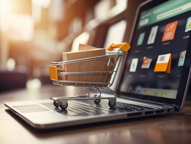 a shopping cart sitting on top of a laptop computer keyboard next to a laptop