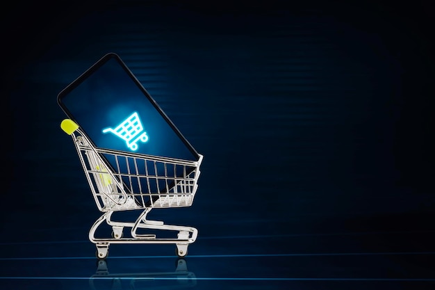 Shopping cart and smartphone with futuristic background