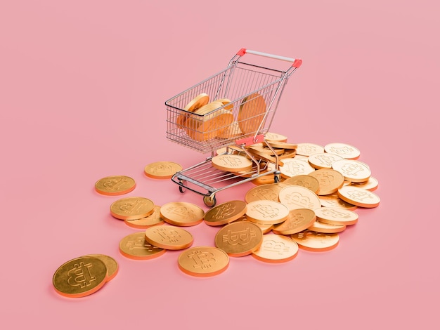 Photo shopping cart spilling over with bitcoin coins on red background