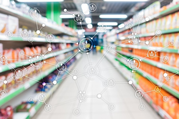 Shopping cart structure Retail marketing Ecommerce blurred supermarket background