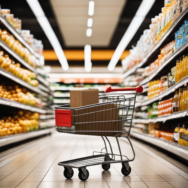 Shopping cart in supermarket Abstract blurred photo in shopping malls Cart in market wide products