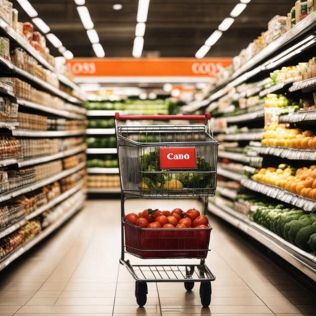 Shopping cart in supermarket Abstract blurred photo in shopping malls Cart in market wide products