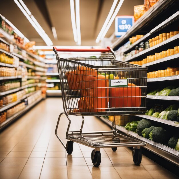 Shopping cart in supermarket Abstract blurred photo in shopping malls Cart in market wide products