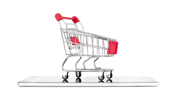 Shopping cart on tablet isolated on white background for marketing and online shopping concept