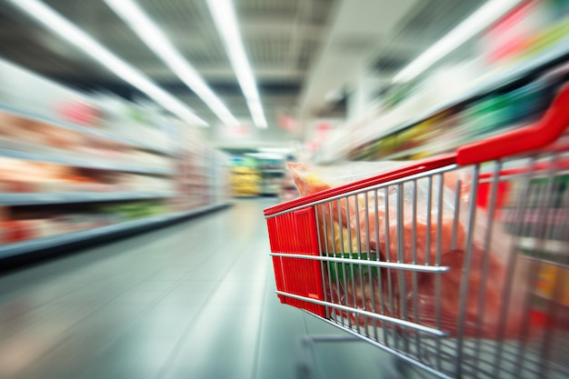 A shopping cart trolley moving with speed in a retail supermarket store