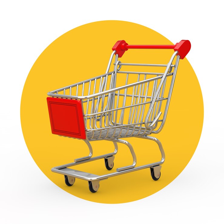 Photo shopping cart trolley on a white and yellow background. 3d rendering