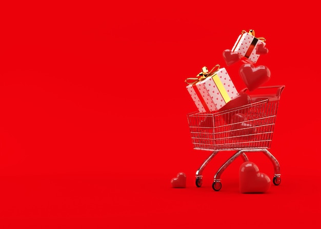 Shopping cart, trolley with gift boxes and hearts on red background with free space for text, copy space. Valentine's Day, sale. 3D illustration.