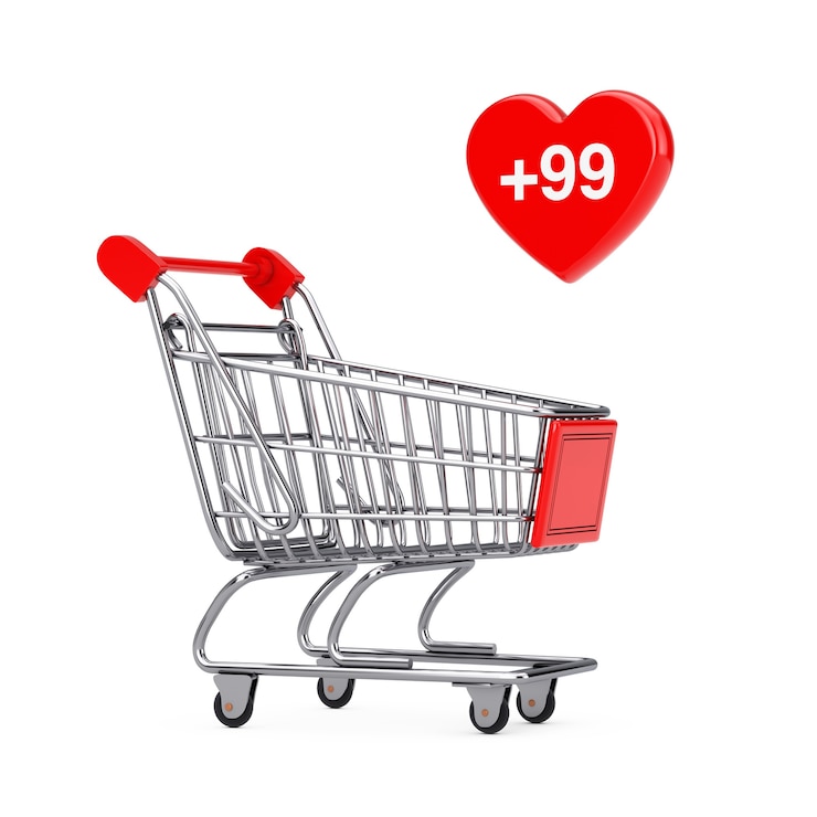 Photo shopping cart trolley with order, wish or shopping list heart tag on a white background. 3d rendering