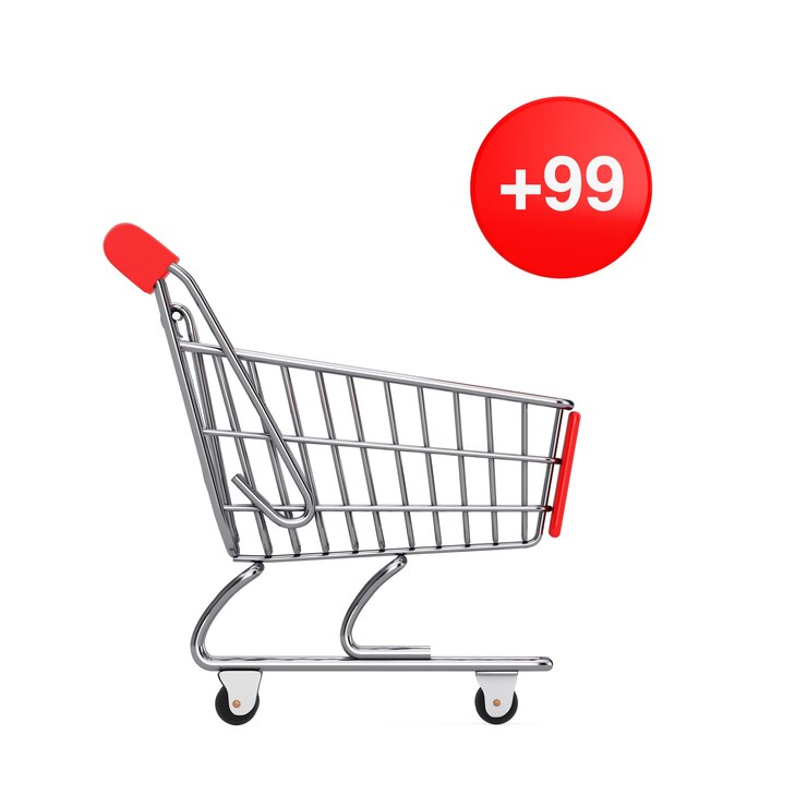 Photo shopping cart trolley with order, wish or shopping list tag on a white background. 3d rendering