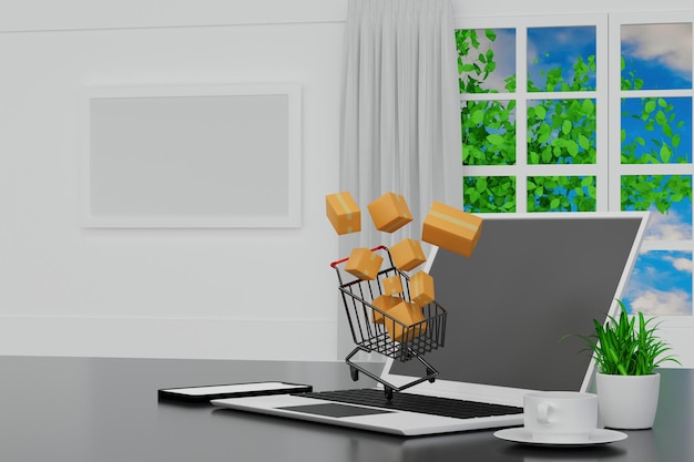 Shopping cart trolley with paper boxes parcel surrounded for shopping and supermarket 3D render