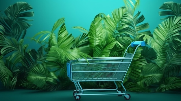 Shopping cart and tropical leave Generative ai