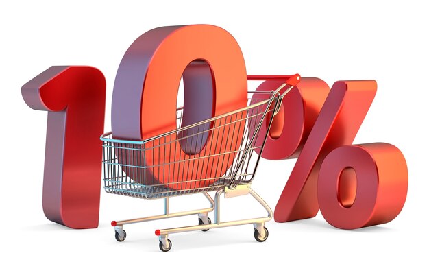 shopping cart with 10 percent discount sign 3d illustration isolated