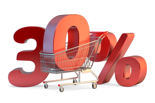 Shopping cart with 30 percent discount sign 3D illustration Isolated