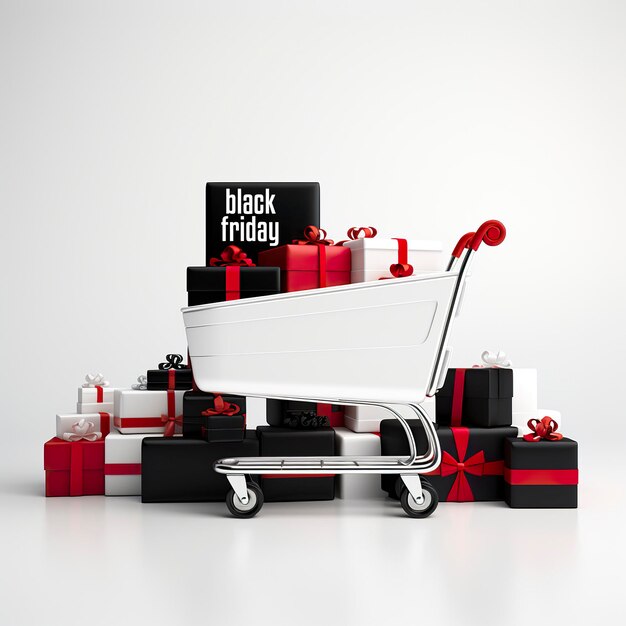 Photo shopping cart with 3d bags and gift 3d illustration