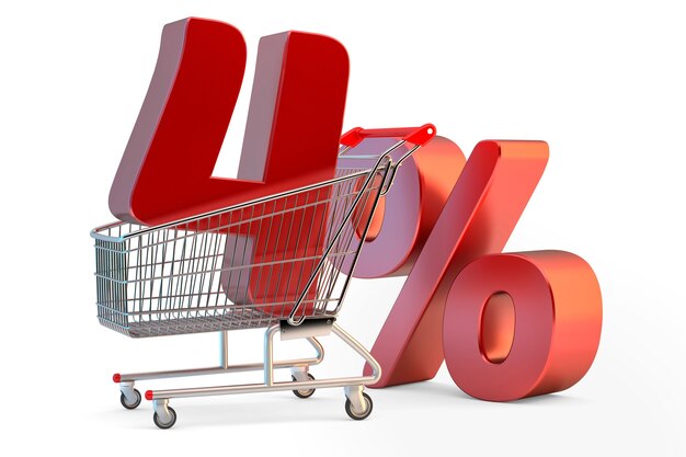 shopping cart with 4 percent  discount sign 3d illustration isolated