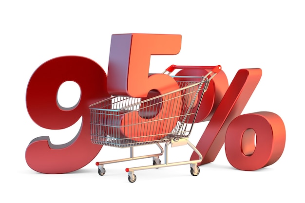 Shopping cart with 95 discount sign 3D illustration Isolated