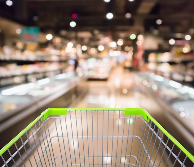 Shopping cart with Abstract supermarket grocery store refrigerator blurred defocused