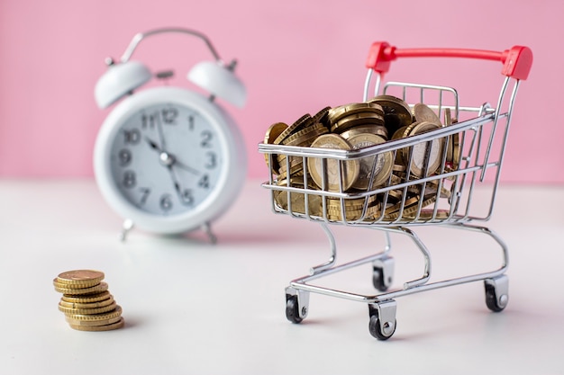 Shopping cart with alarm clock and money. time is money concept.