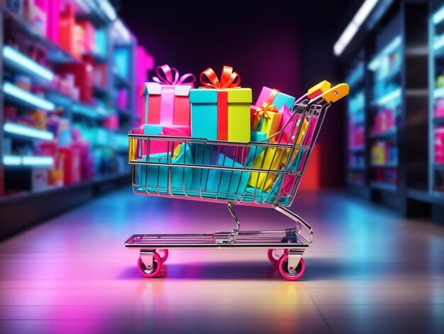 Shopping cart with balloon neon colorful gift