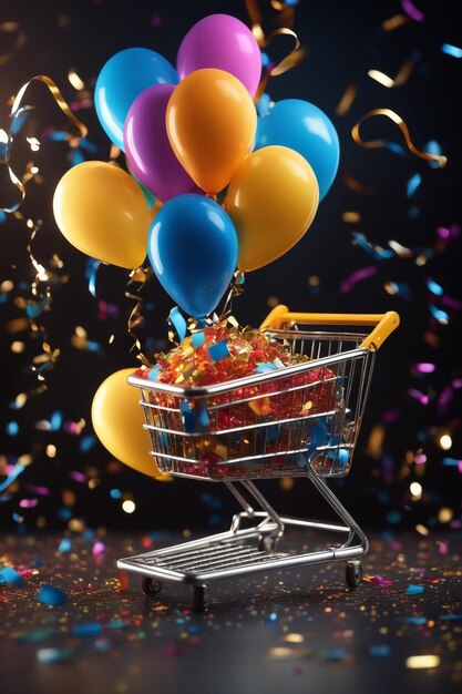 A shopping cart with balloons and confetti in dark background