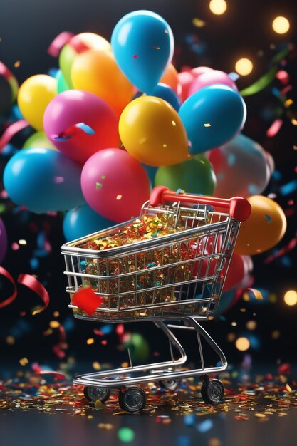 A shopping cart with balloons and confetti in dark background