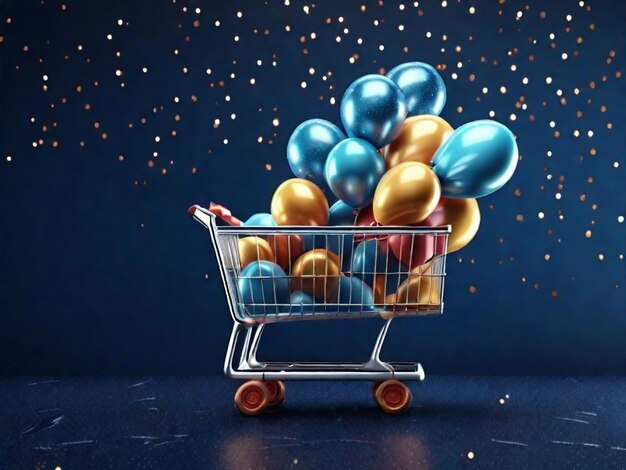 Shopping cart with balloons on dark blue glitter background