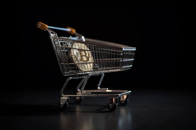 Shopping cart with bitcoin coin isolated on black background Supermarket cart with bitcoin inside AI