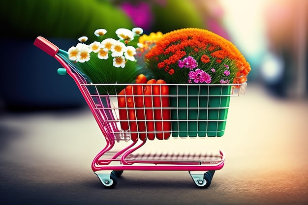 Shopping cart with blooming flowers Shopping concept Copy space