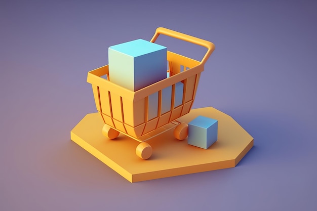 A shopping cart with a blue cube in it