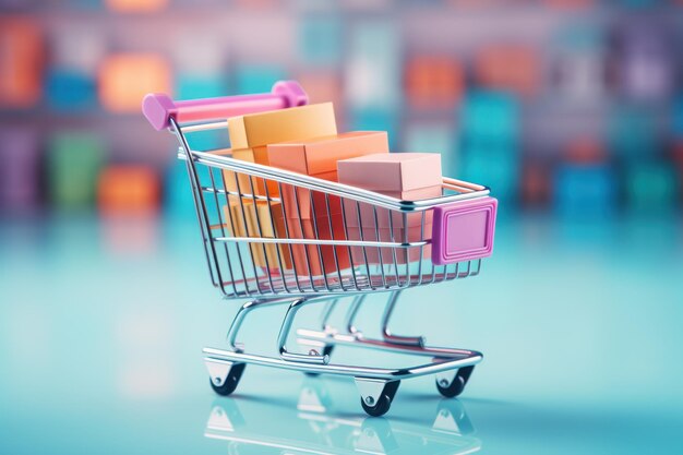 Shopping cart with box inside bright light colors colorful background HD Generative AI