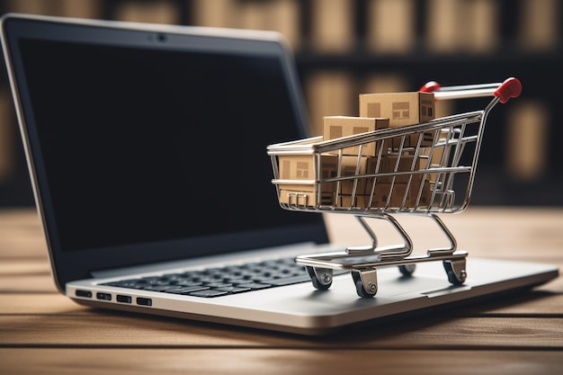 Shopping cart with boxes on laptop computer Online shopping concept