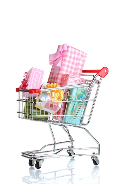 Shopping cart with bright gifts isolated on white